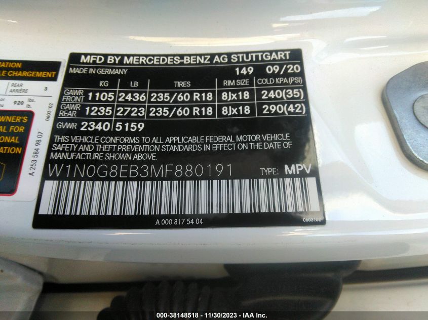 2021 MERCEDES-BENZ GLC 300 SUV W1N0G8EB3MF880191