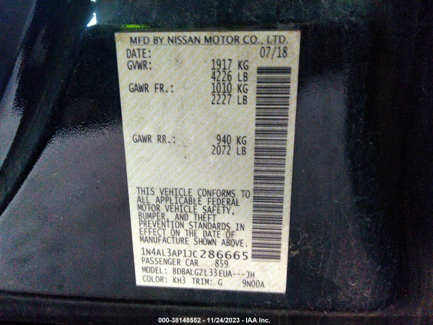 2018 NISSAN ALTIMA 2.5/S/SV/SL/SR - 1N4AL3AP1JC286665