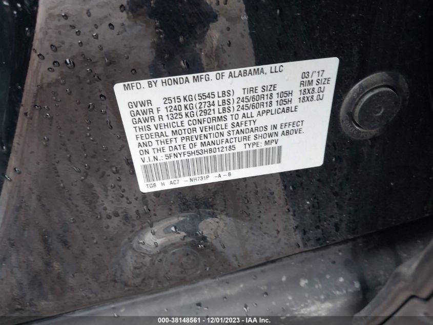 2017 HONDA PILOT EXL - 5FNYF5H53HB012185