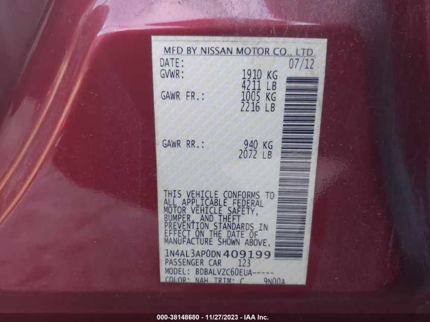 2013 NISSAN ALTIMA 2.5 SL - 1N4AL3AP0DN409199