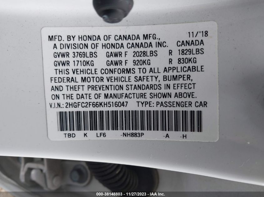 2019 HONDA CIVIC LX - 2HGFC2F66KH516047