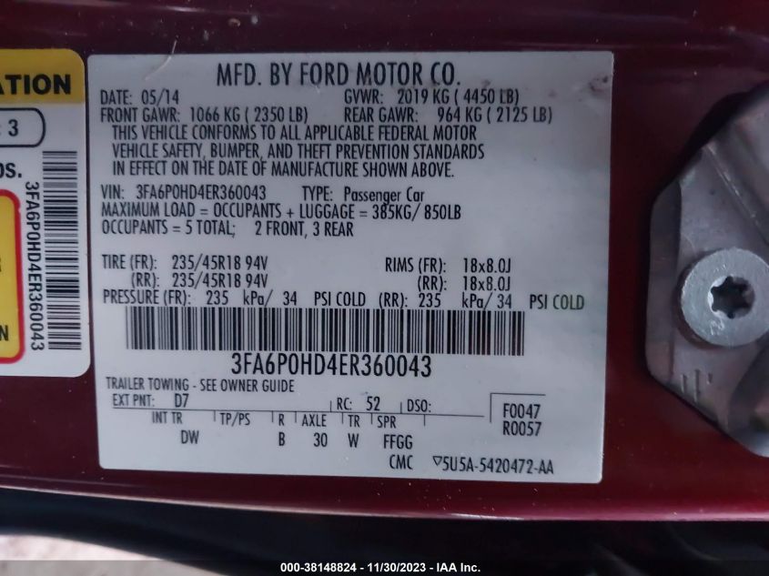 2014 FORD FUSION SE - 3FA6P0HD4ER360043