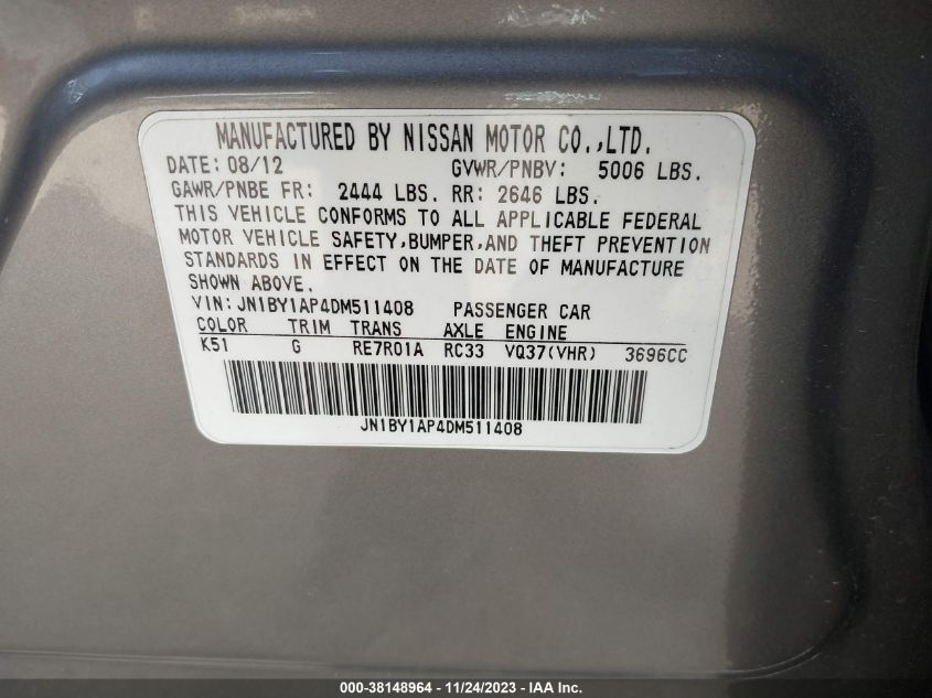 2013 INFINITI M37 - JN1BY1AP4DM511408