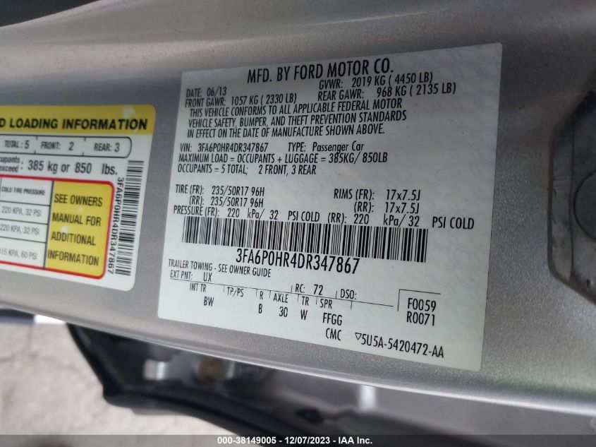 2013 FORD FUSION SE - 3FA6P0HR4DR347867