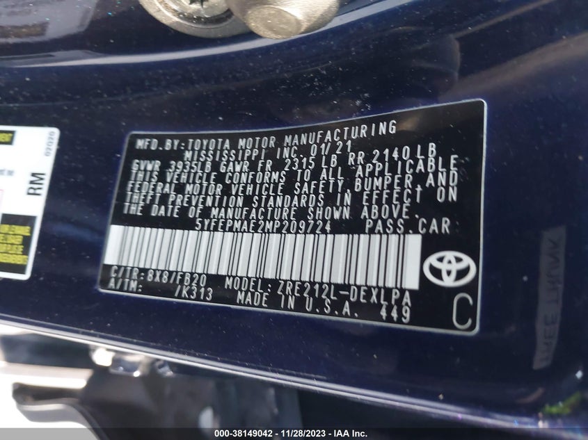 VIN 5YFEPMAE2MP209724 2021 TOYOTA COROLLA LE