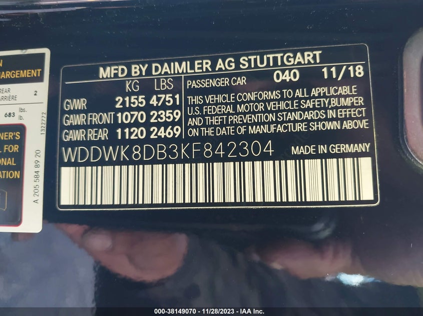 VIN WDDWK8DB3KF842304 2019 MERCEDES-BENZ C 300
