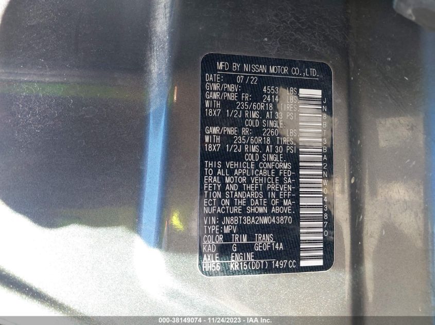 2022 NISSAN ROGUE SV FWD - JN8BT3BA2NW043870