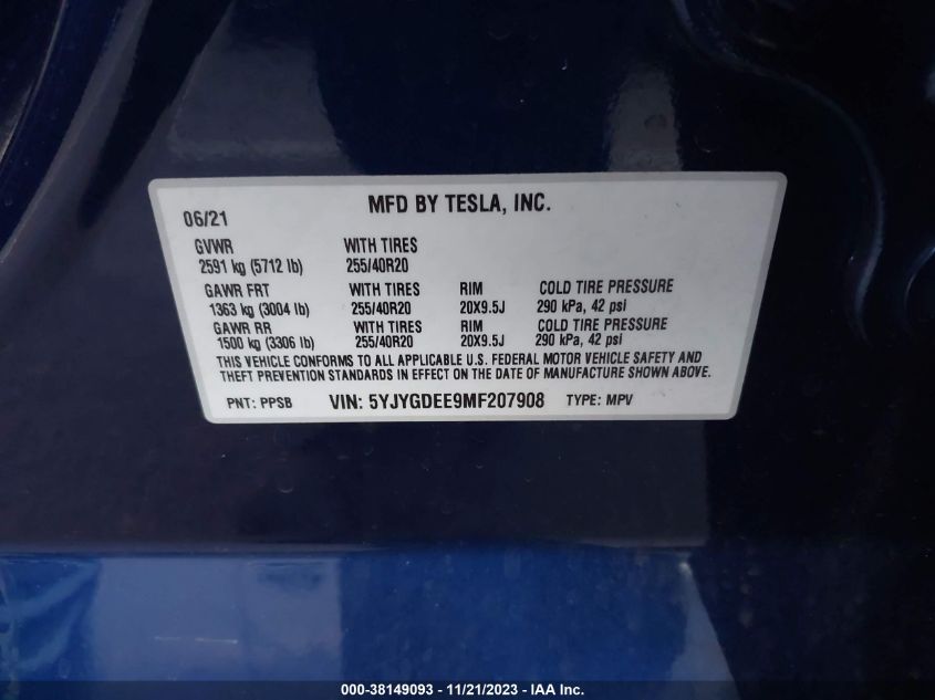 2021 TESLA MODEL Y LONG RANGE DUAL MOTOR - 5YJYGDEE9MF207908