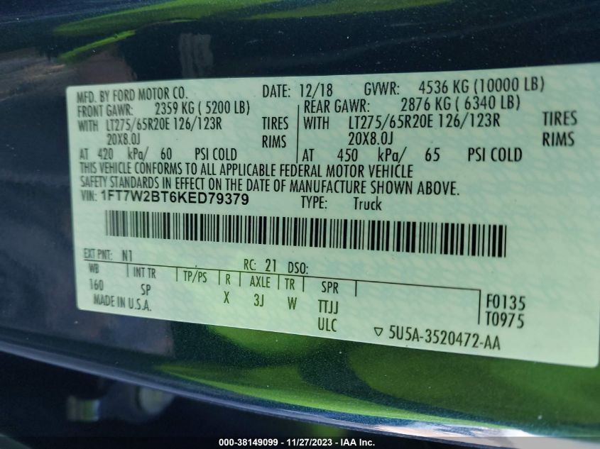 2019 FORD F-250 KING RANCH - 1FT7W2BT6KED79379