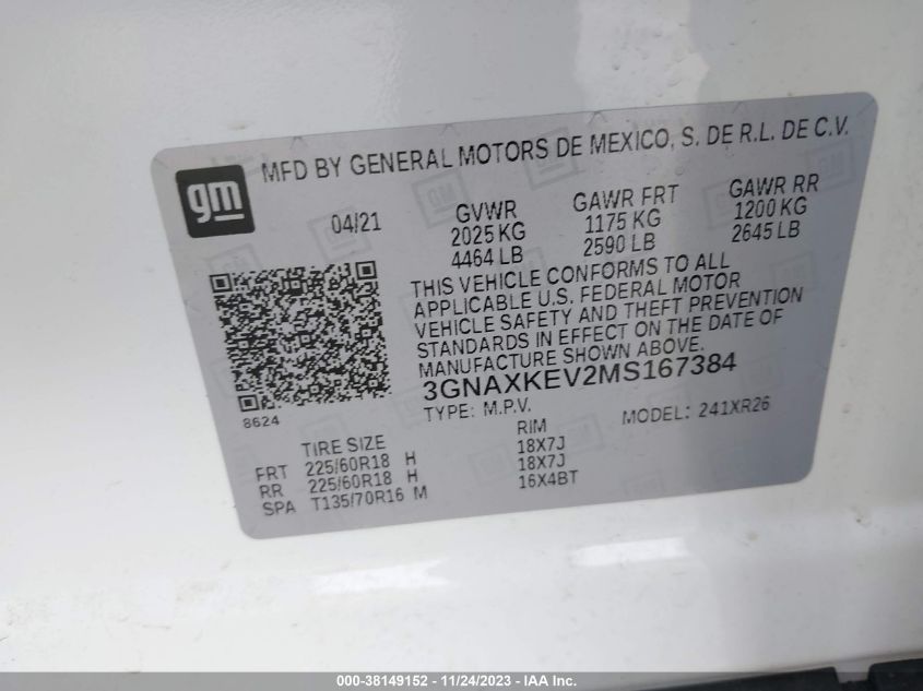 2021 CHEVROLET EQUINOX FWD LT - 3GNAXKEV2MS167384