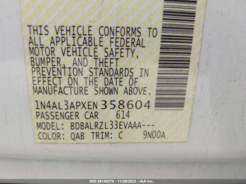 2014 NISSAN ALTIMA 2.5 S - 1N4AL3APXEN358604