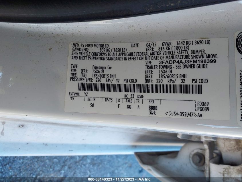 2015 FORD FIESTA S - 3FADP4AJ3FM198399