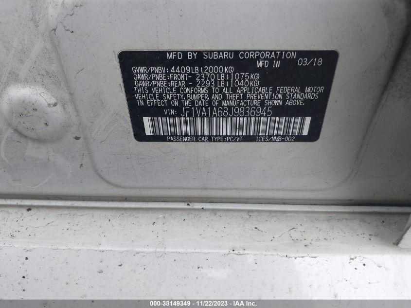 2018 SUBARU WRX - JF1VA1A68J9836945