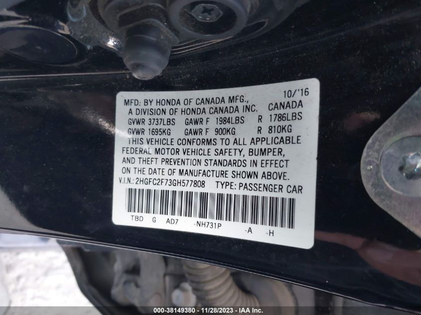 2016 HONDA CIVIC EX - 2HGFC2F73GH577808