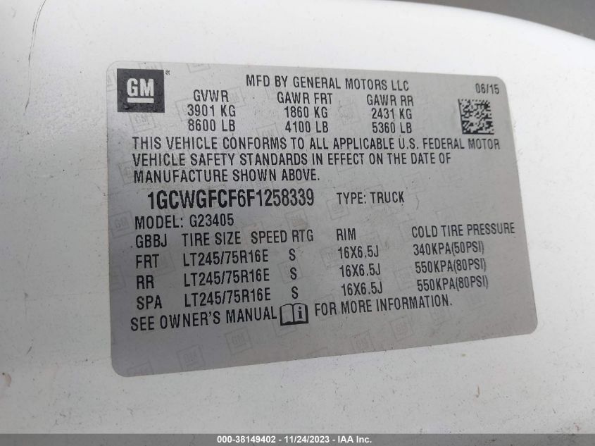 2015 CHEVROLET EXPRESS 2500 WORK VAN 1GCWGFCF6F1258339