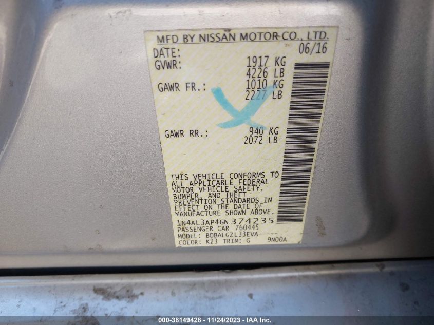 2016 NISSAN ALTIMA 2.5 - 1N4AL3AP4GN374235