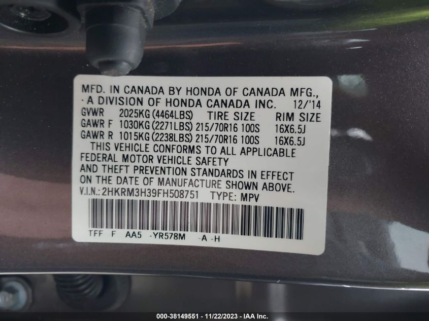 2015 HONDA CR-V LX - 2HKRM3H39FH508751