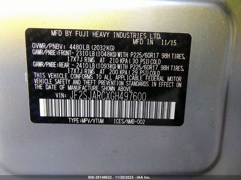 2016 SUBARU FORESTER 2.5I LIMITED - JF2SJARCXGH497600