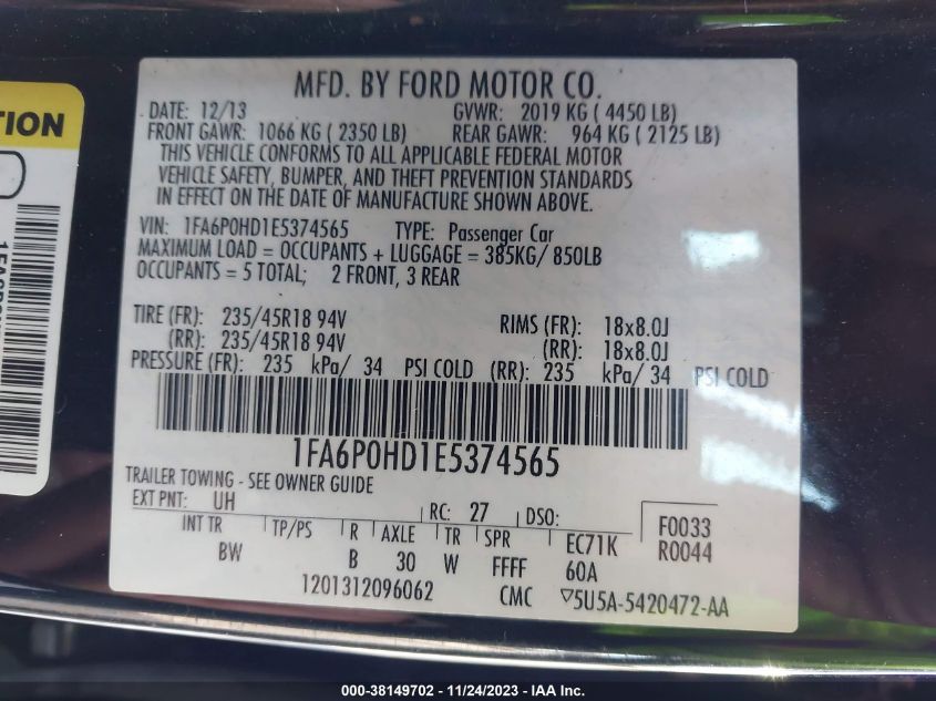 2014 FORD FUSION SE - 1FA6P0HD1E5374565