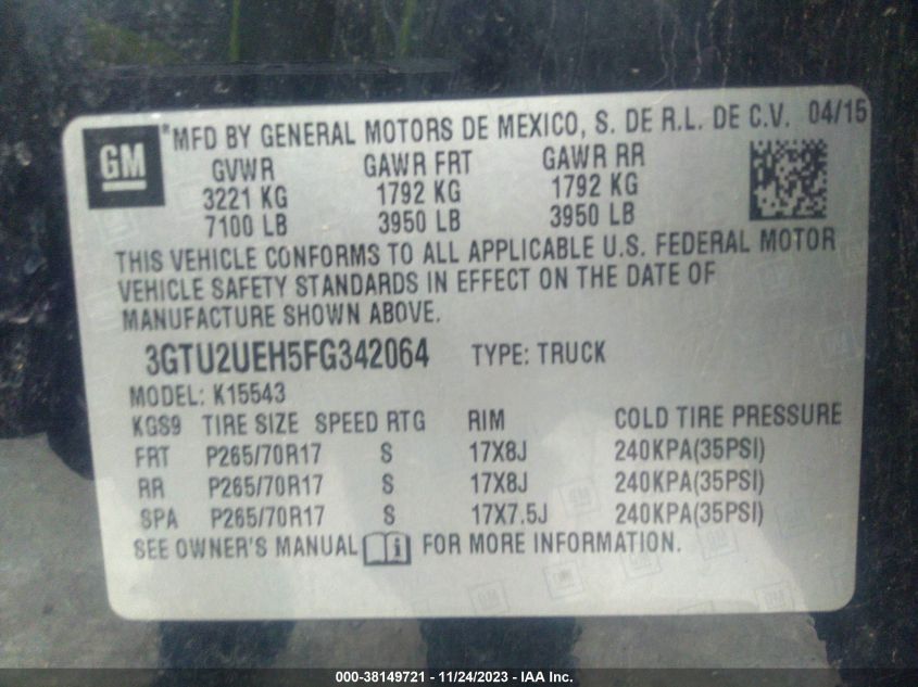 2015 GMC SIERRA 1500 SLE - 3GTU2UEH5FG342064
