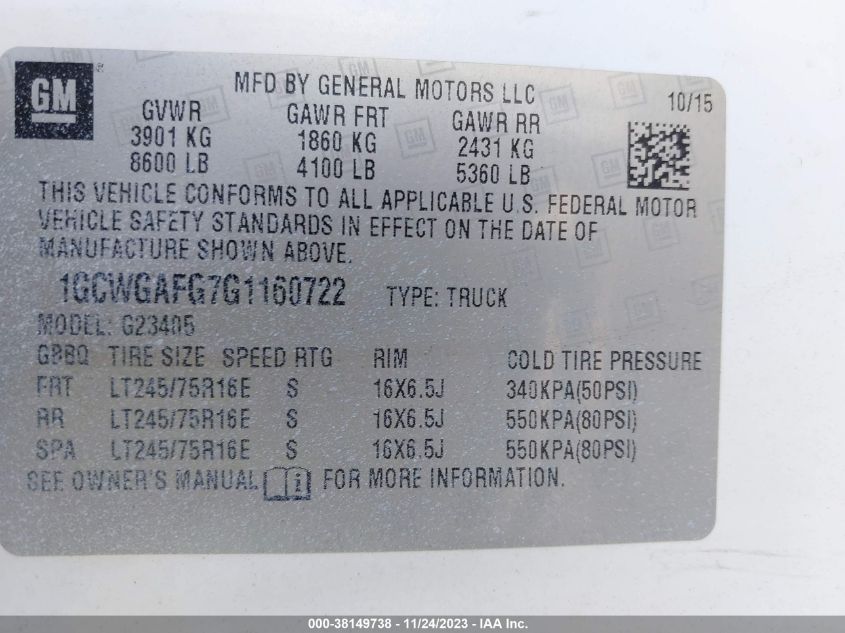 2016 CHEVROLET EXPRESS 2500 WORK VAN 1GCWGAFG7G1160722