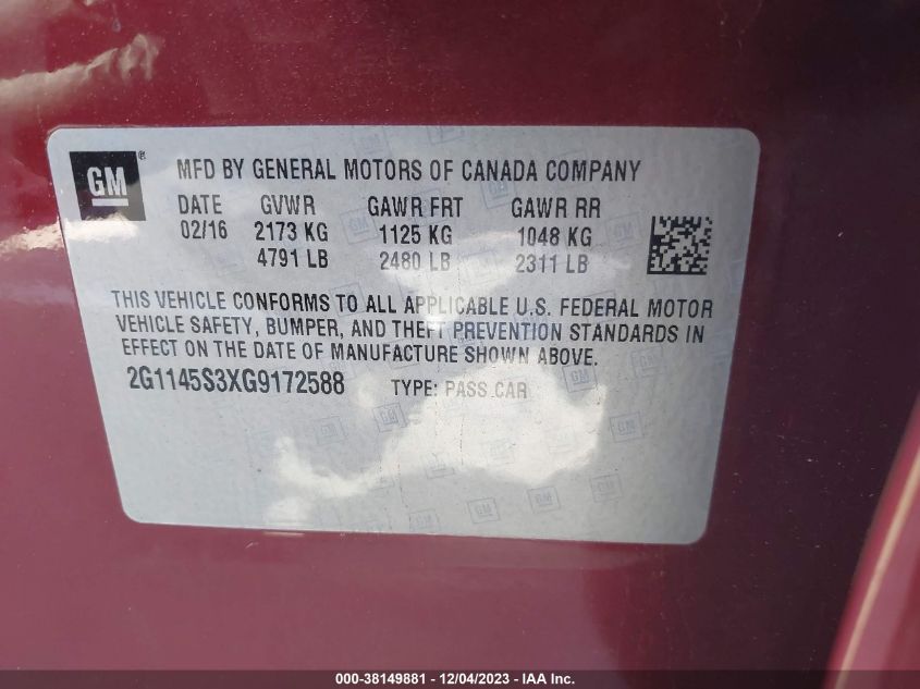 2016 CHEVROLET IMPALA 2LZ - 2G1145S3XG9172588