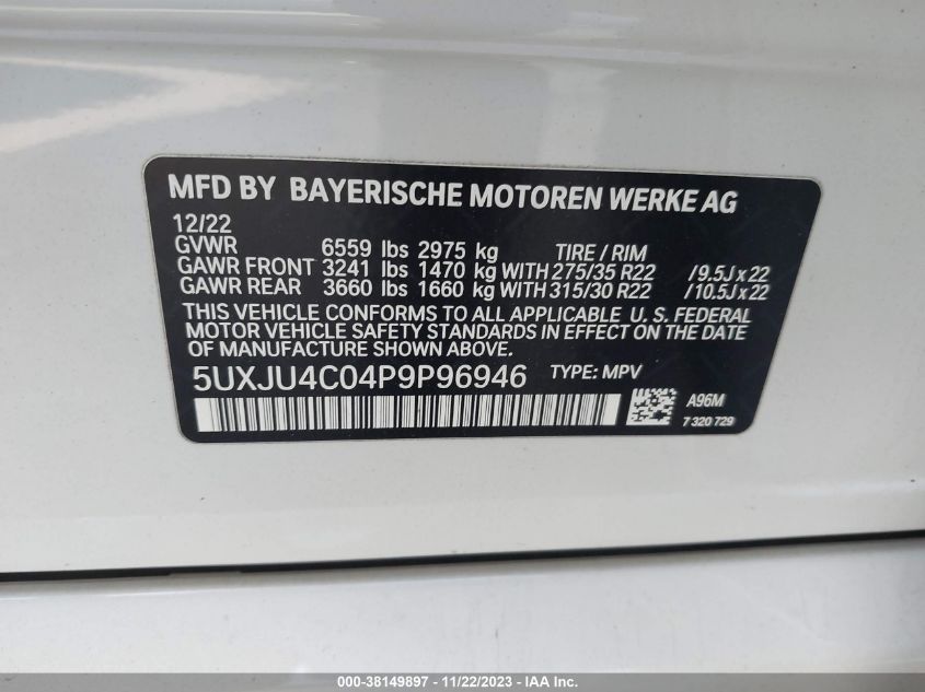 5UXJU4C04P9P96946 2023 BMW X5, photo no. 9