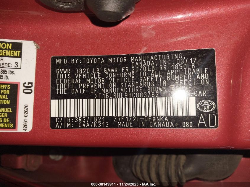 VIN 2T1BURHE9HC883762 2017 TOYOTA COROLLA LE
