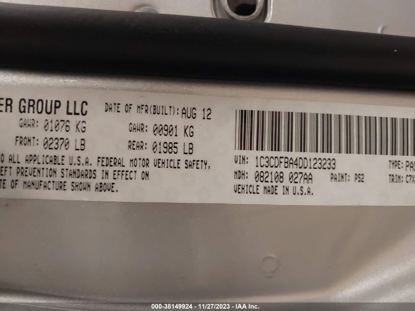 2013 DODGE DART SXT - 1C3CDFBA4DD123233
