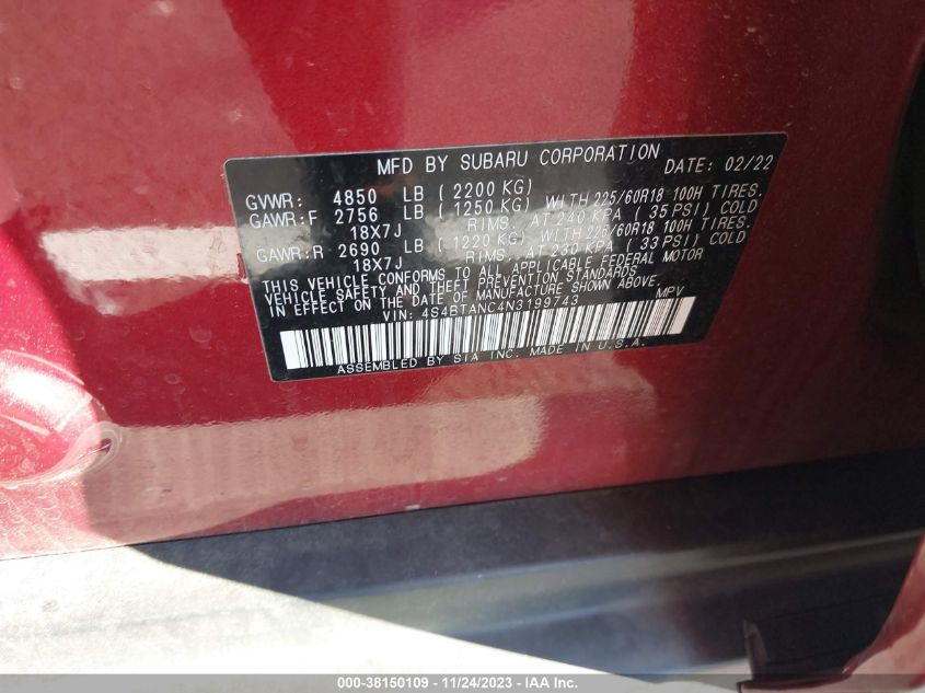 2022 SUBARU OUTBACK LIMITED - 4S4BTANC4N3199743