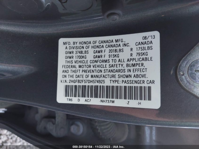 2013 HONDA CIVIC LX - 2HGFB2F57DH574925