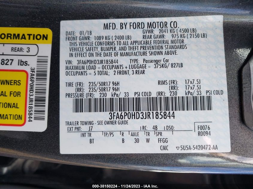 2018 FORD FUSION SE - 3FA6P0HD3JR185844