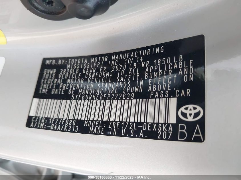 2015 TOYOTA COROLLA L/LE/LE PLS/PRM/S/S PLS - 5YFBURHE8FP222639