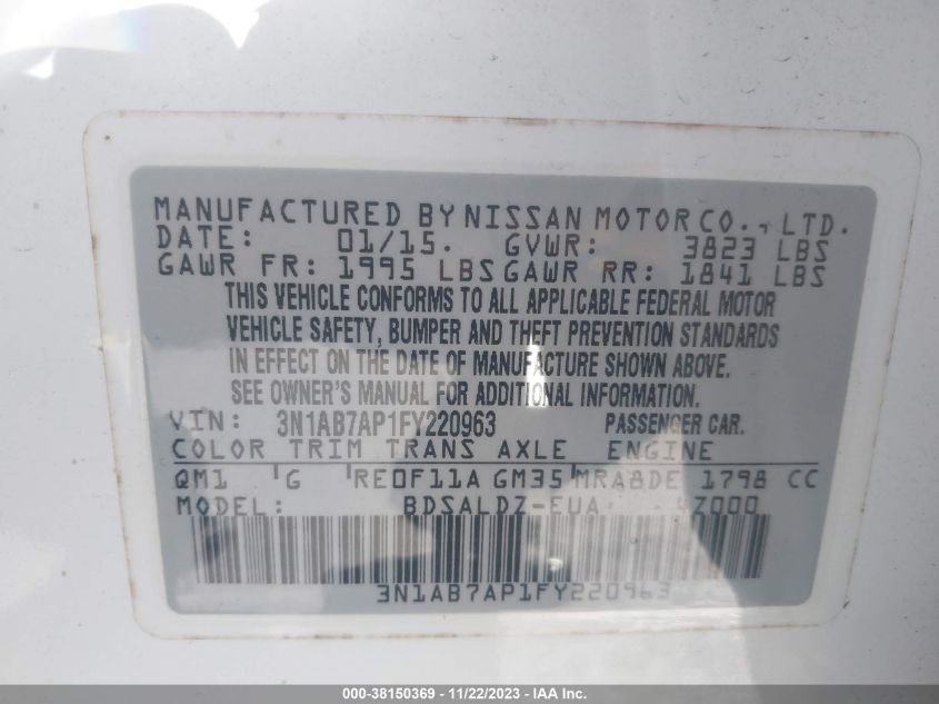 2015 NISSAN SENTRA S/SV/SR/SL - 3N1AB7AP1FY220963