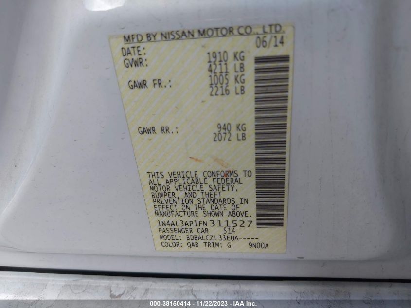 2015 NISSAN ALTIMA 2.5/2.5 S/2.5 SL/2.5 SV - 1N4AL3AP1FN311527