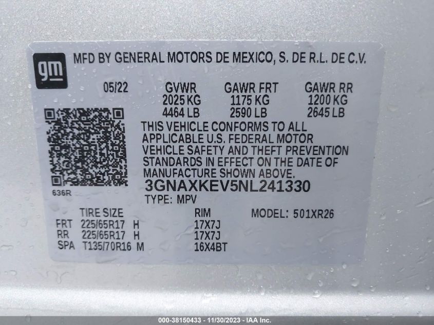 2022 CHEVROLET EQUINOX FWD LT - 3GNAXKEV5NL241330