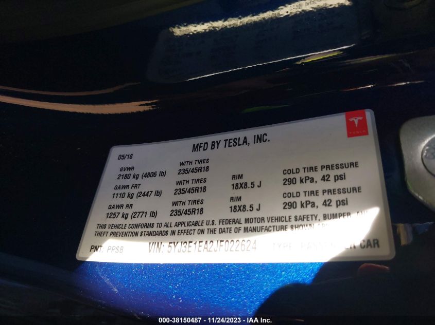 2018 TESLA MODEL 3 - 5YJ3E1EA2JF022624