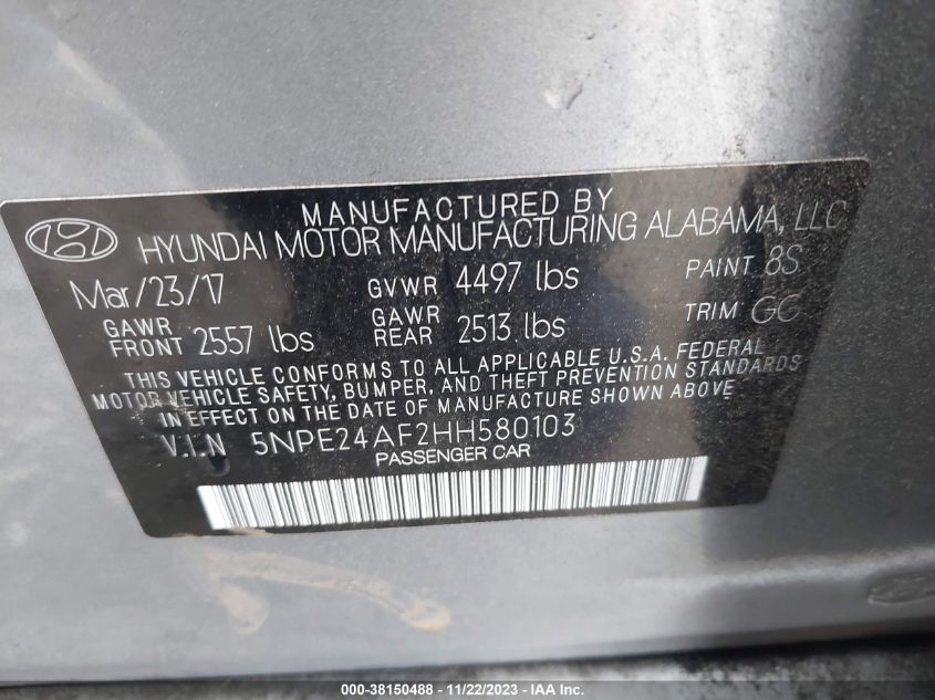 2017 HYUNDAI SONATA 2.4L - 5NPE24AF2HH580103