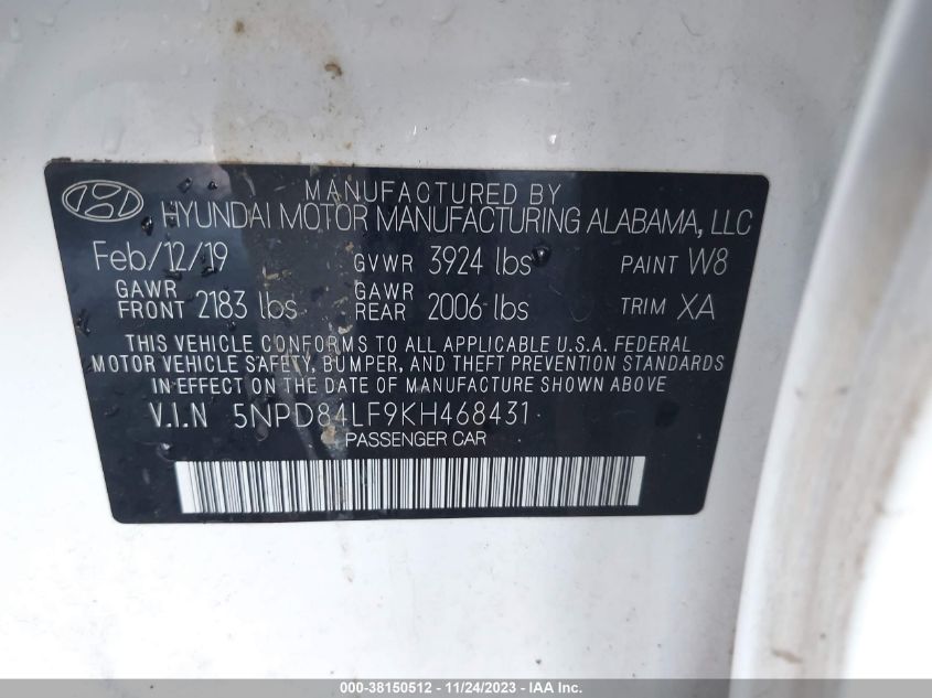 2019 HYUNDAI ELANTRA SEL/VALUE/LIMITED - 5NPD84LF9KH468431