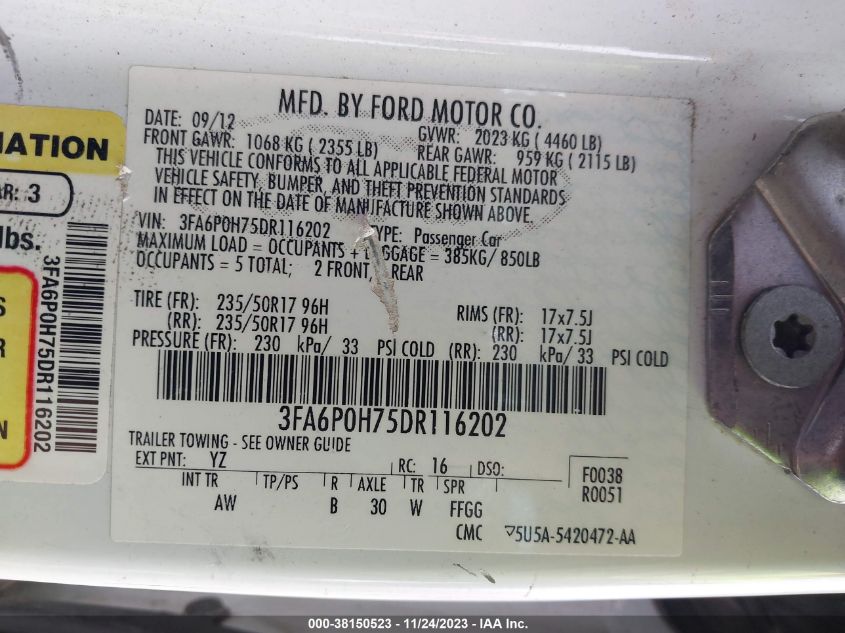 2013 FORD FUSION - 3FA6POH75DR116202