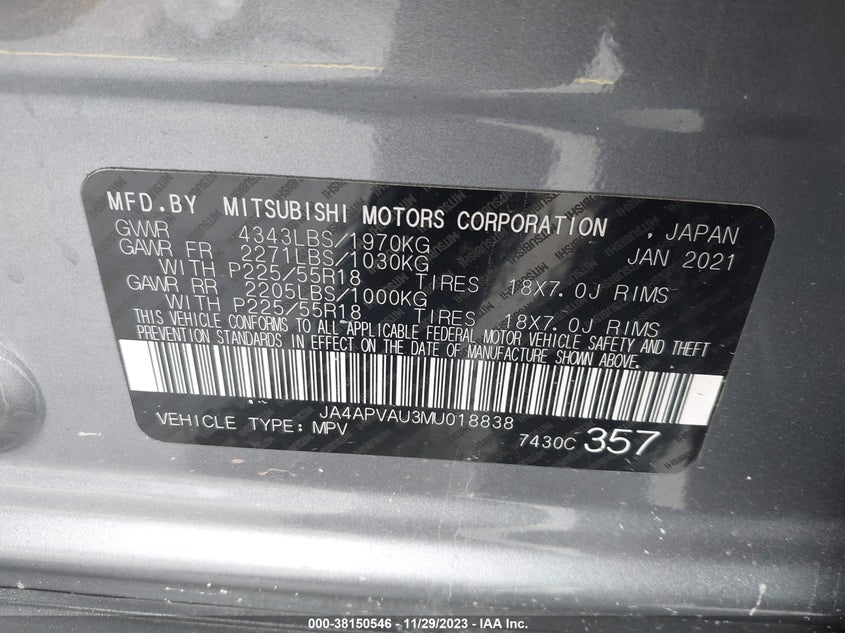 VIN JA4APVAU3MU018838 2021 MITSUBISHI OUTLANDER SPORT SE
