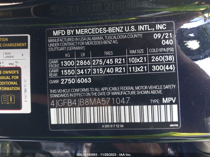 VIN 4JGFB4JB8MA571047 2021 MERCEDES-BENZ GLE 350
