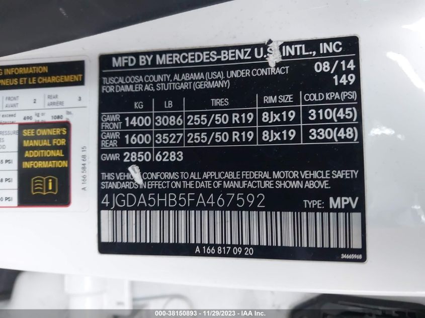 2015 MERCEDES-BENZ ML 350 4JGDA5HB5FA467592