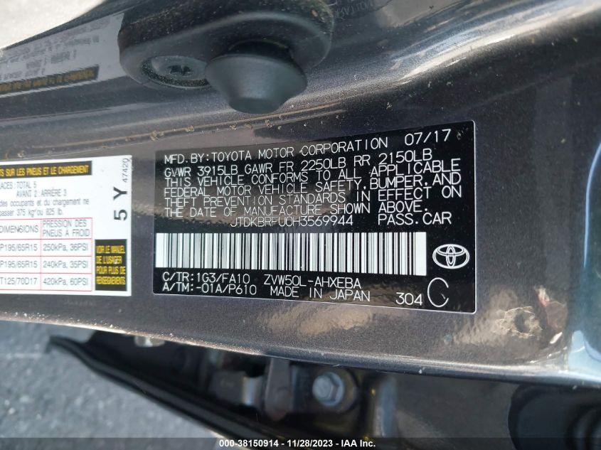 2017 TOYOTA PRIUS TWO - JTDKBRFU0H3569944