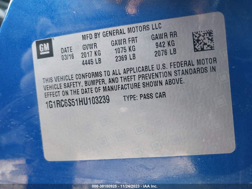 2017 CHEVROLET VOLT LT - 1G1RC6S51HU103239