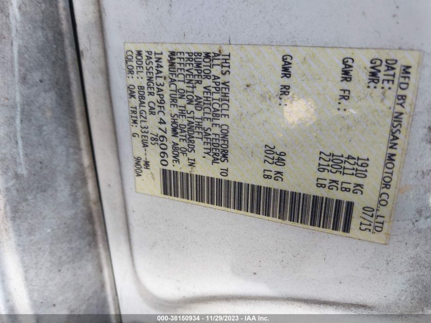 2015 NISSAN ALTIMA 2.5 S - 1N4AL3AP9FC476060