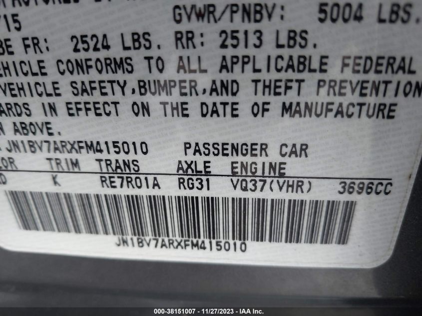 2015 INFINITI Q50 - JN1BV7ARXFM415010