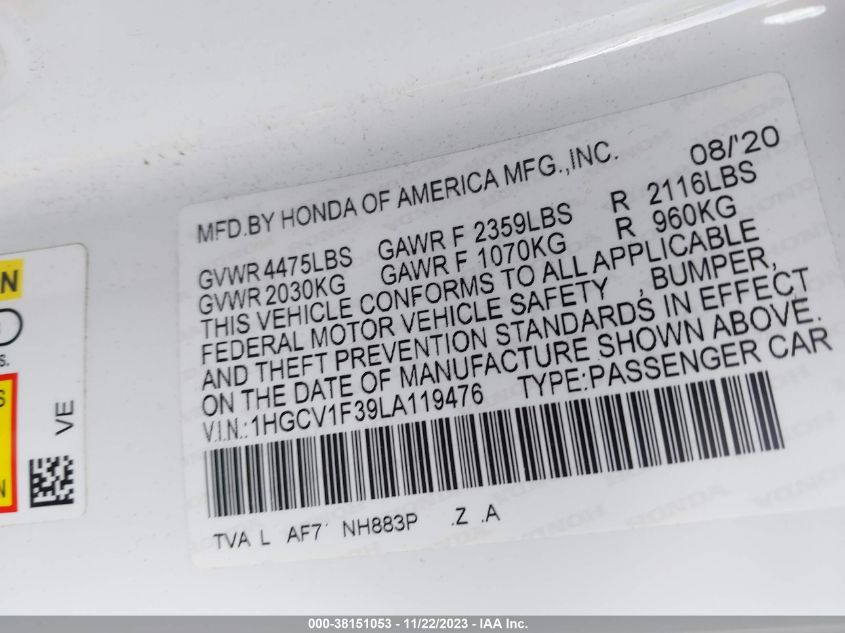 2020 HONDA ACCORD SPORT - 1HGCV1F39LA119476