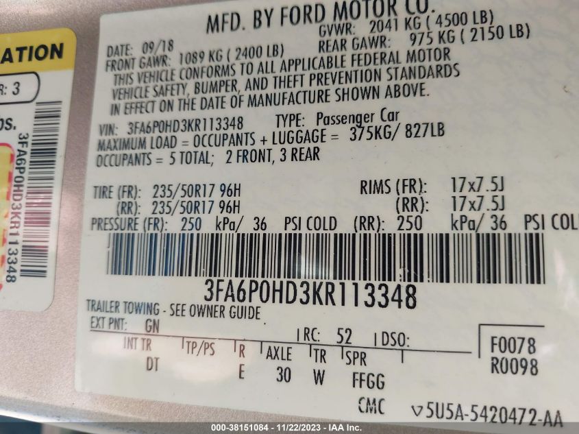 2019 FORD FUSION SE - 3FA6P0HD3KR113348