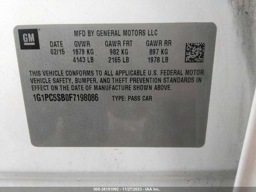 2015 CHEVROLET CRUZE LT - 1G1PC5SB0F7198086